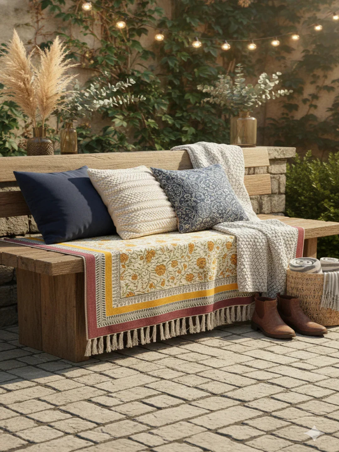 Orange Block Print Cotton fringed edges Rug - SanskrutiHomes