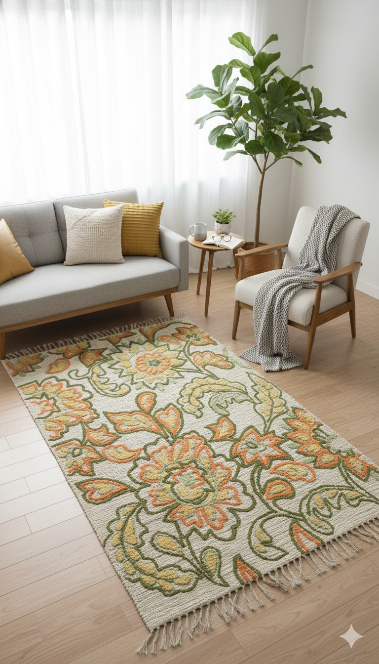 Beige Floral Vine Woven Cotton Jute Rug with Fringed Edges - SanskrutiHomes