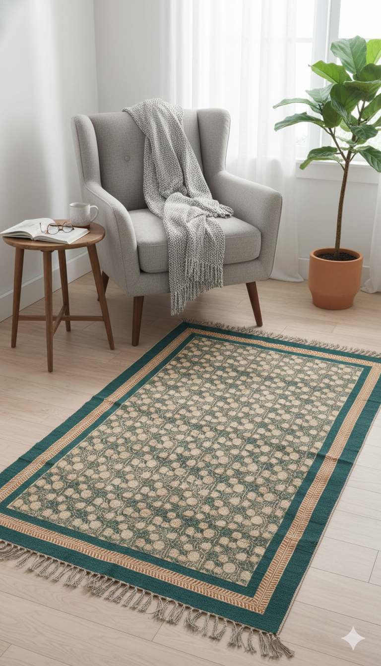 Sage Green Cotton Block print with Tassels and fringed edges Rug - SanskrutiHomes
