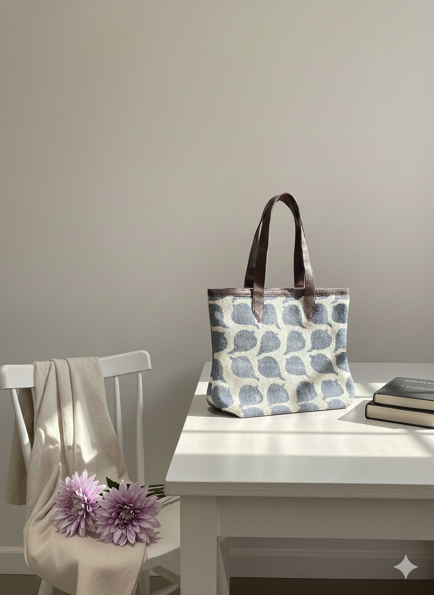 Blue Abstract Print Cotton Tote Bag for Women - SanskrutiHomes