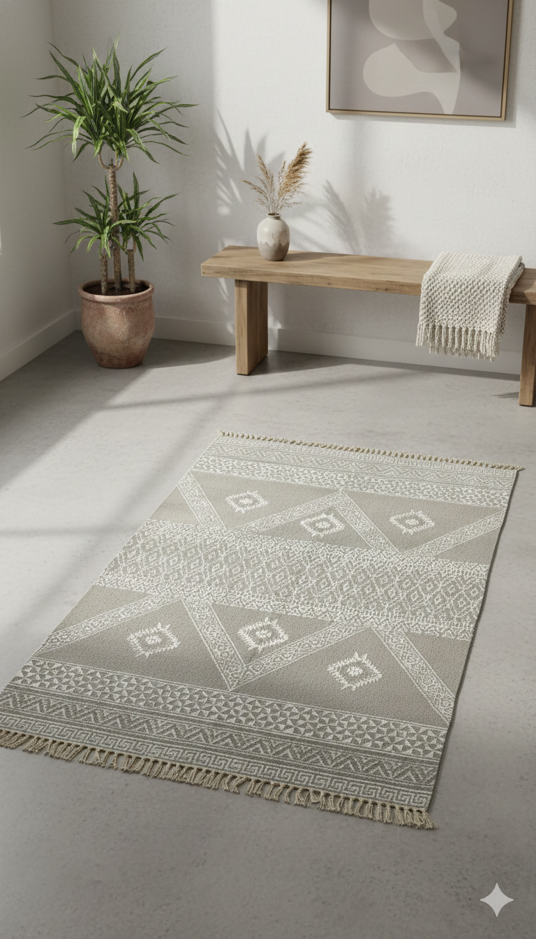 Hand-Block Printed Geometric Cotton Rug