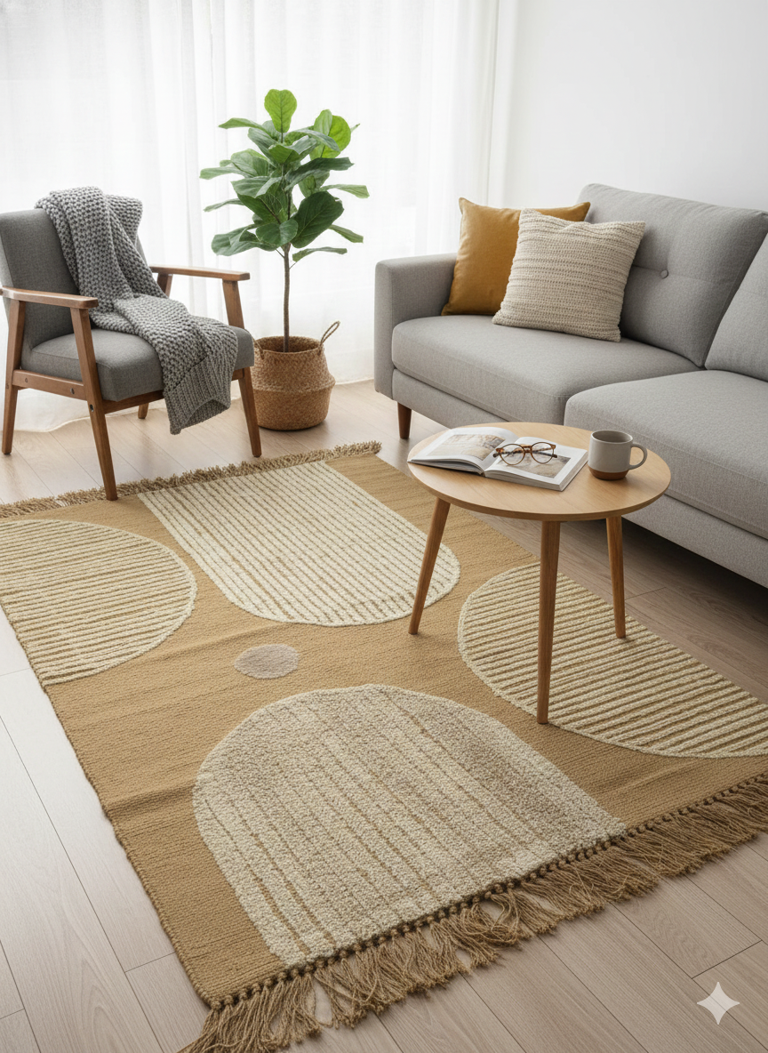 Beige Abstract Arch Tufted Cotton Jute Rug with Fringed Edges