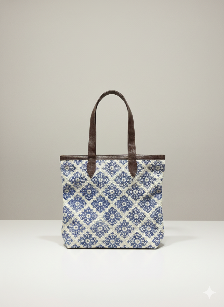 Indigo Floral Print Cotton Tote Bag for women - SanskrutiHomes