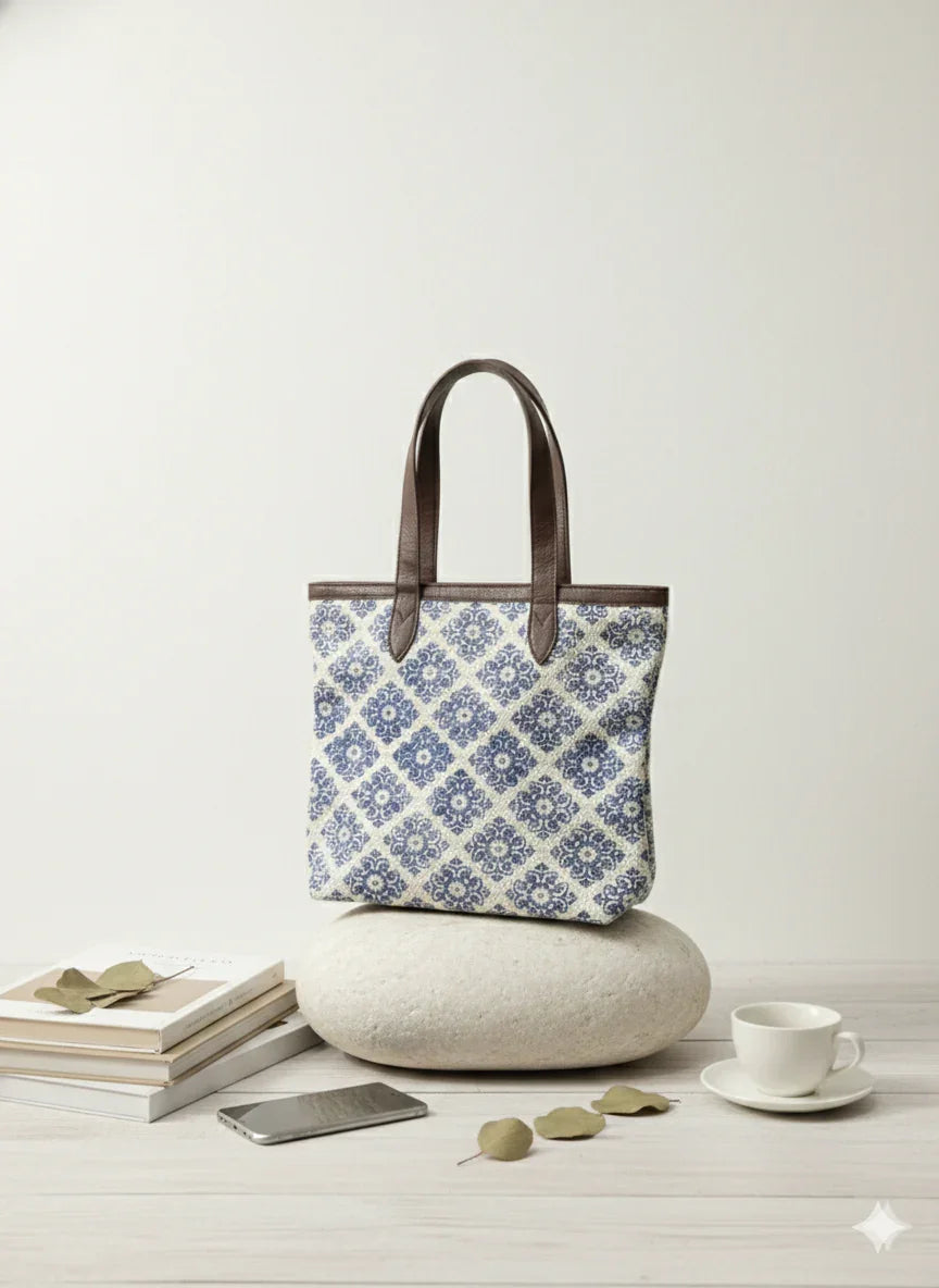 Indigo Floral Print Cotton Tote Bag for women - SanskrutiHomes