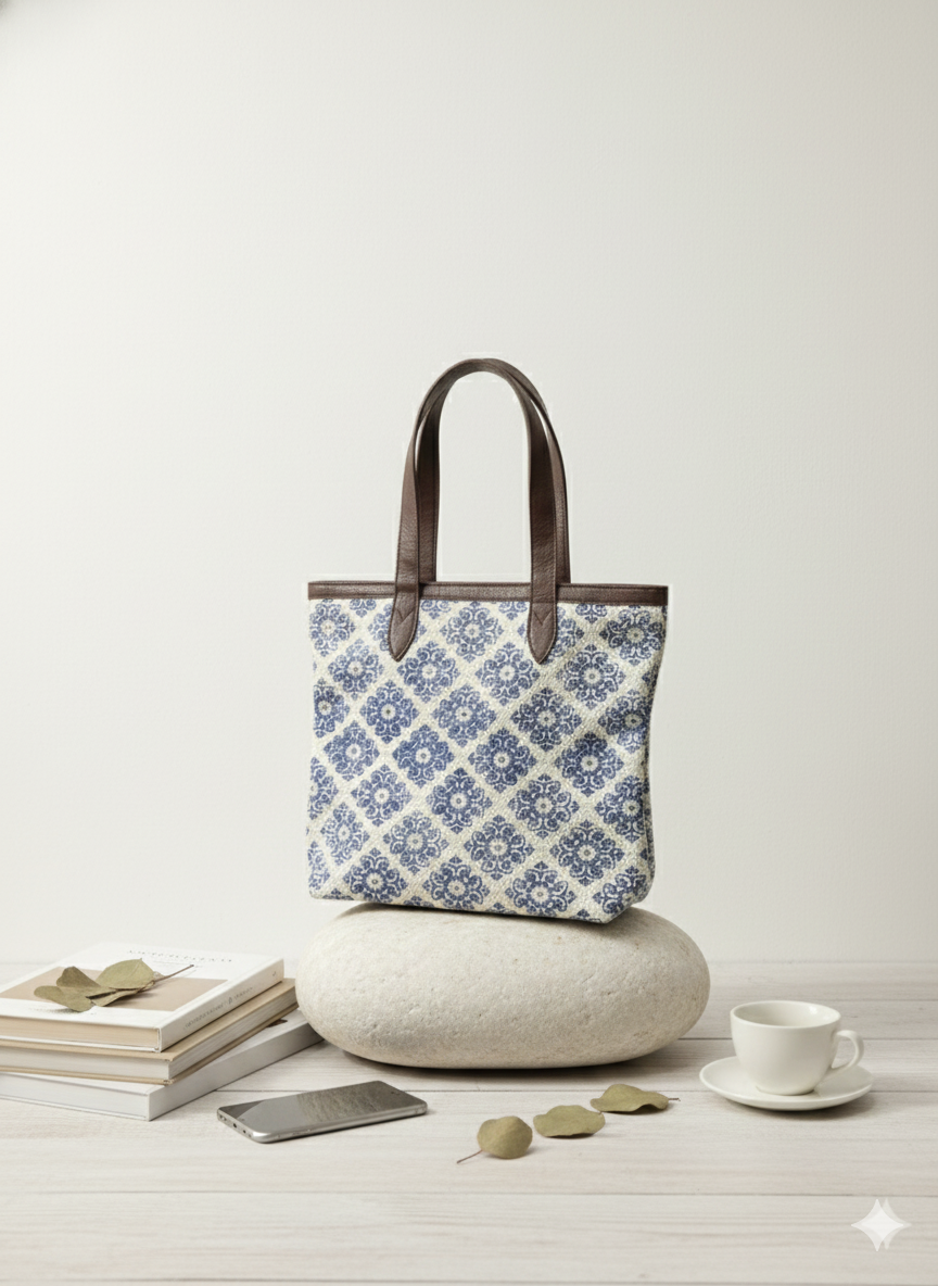 Indigo Floral Print Cotton Tote Bag for women - SanskrutiHomes