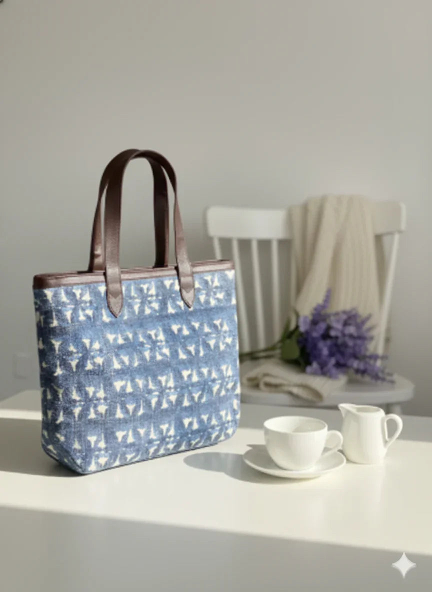 Navy Blue Ethnic Motif Print Cotton Tote Bag for Women - SanskrutiHomes