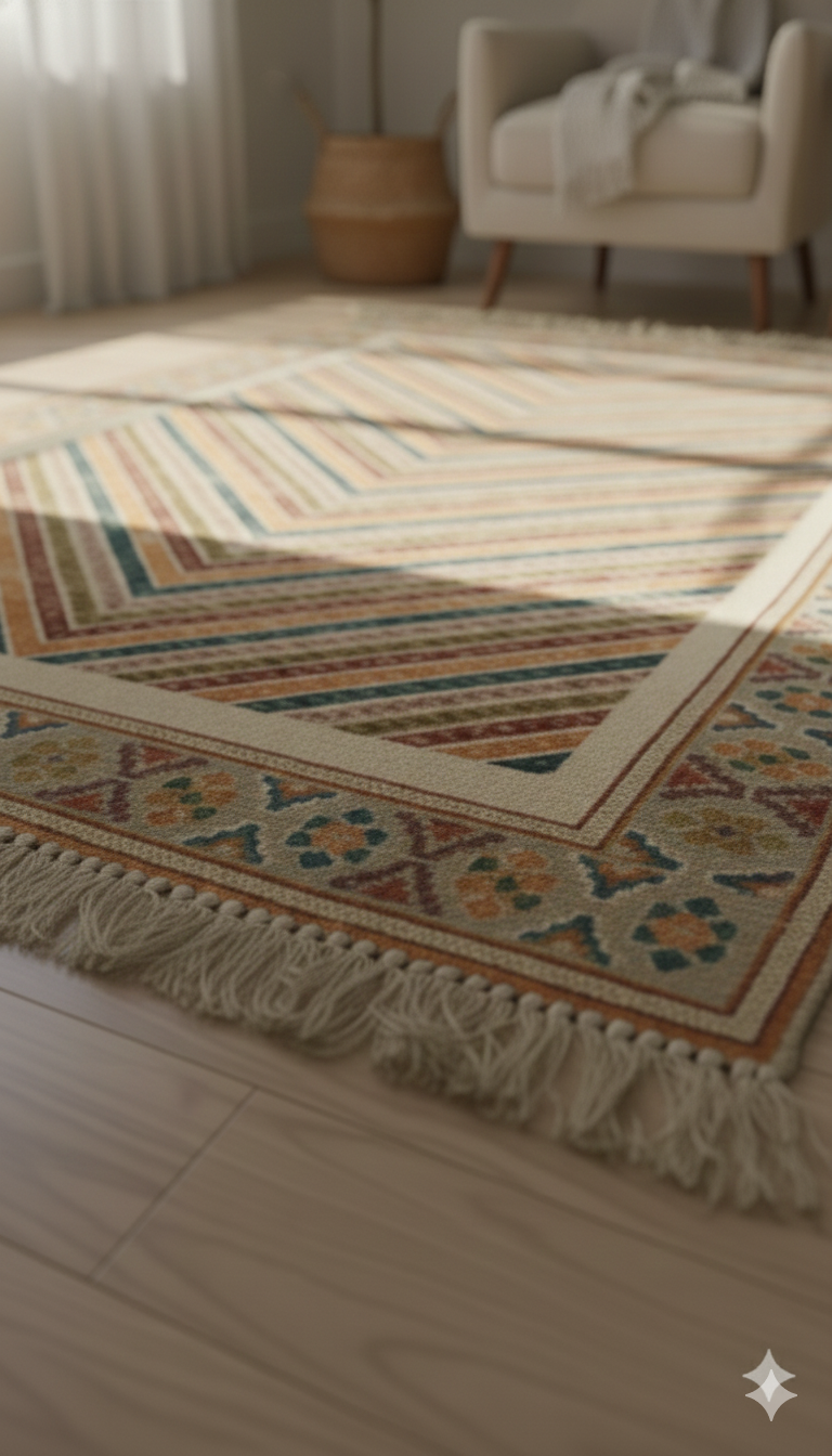 Multi Color Woven Digital Print with fringed edges Cotton Rug