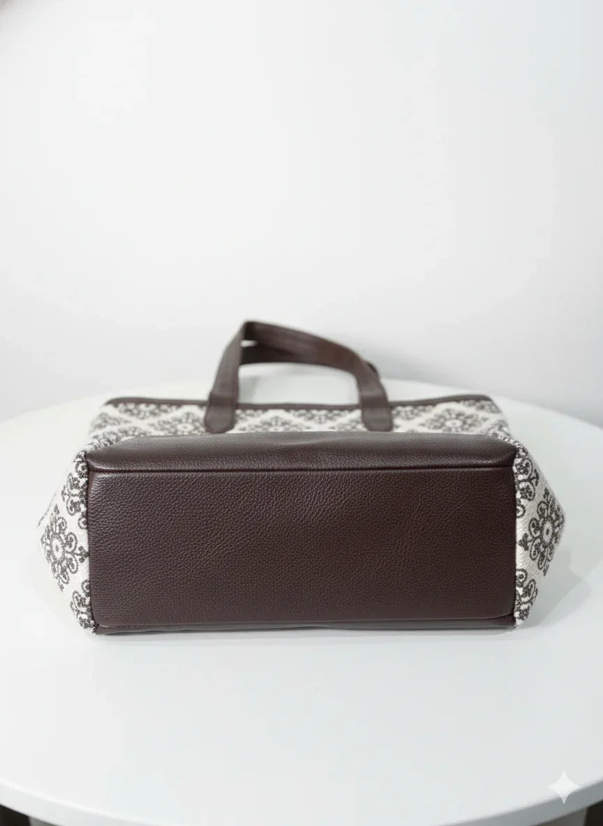 Brown Floral Print Cotton Tote Bag for Women - SanskrutiHomes