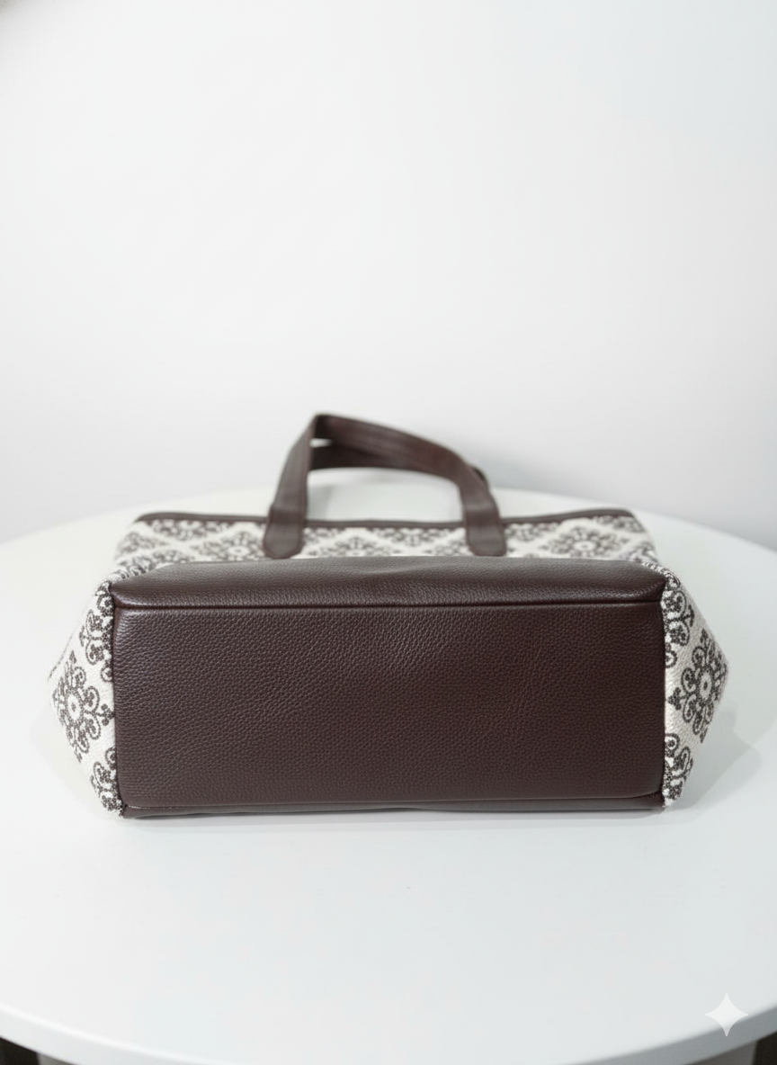 Brown Floral Print Cotton Tote Bag For Women