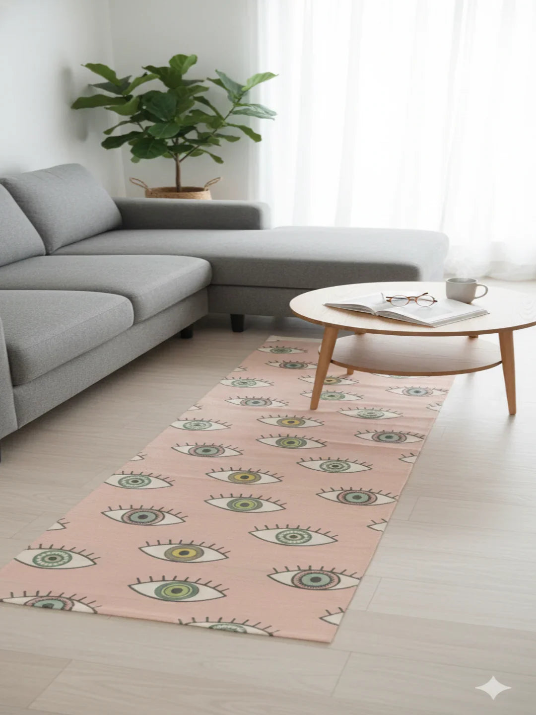 Peach Evil Eye Printed Cotton Runner Rug - SanskrutiHomes