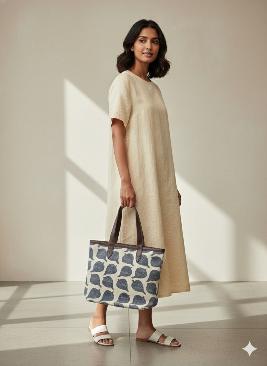 Blue Abstract Print Cotton Tote Bag for Women - SanskrutiHomes