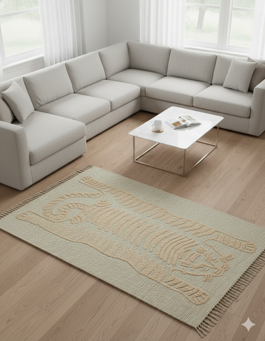 Beige Tiger Motif Tufted Cotton Jute Rug with Fringed Edges