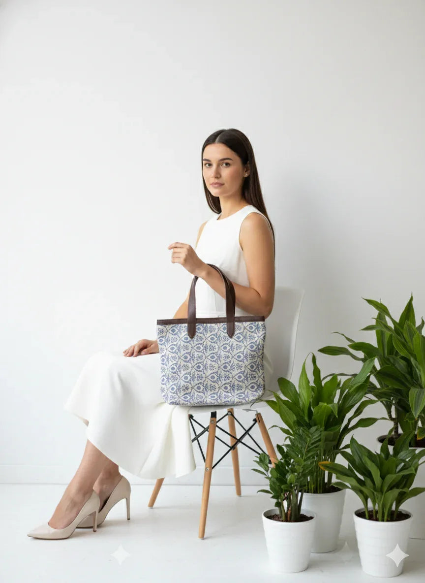 Grey Ethnic Print Cotton Tote Bag for Women - SanskrutiHomes