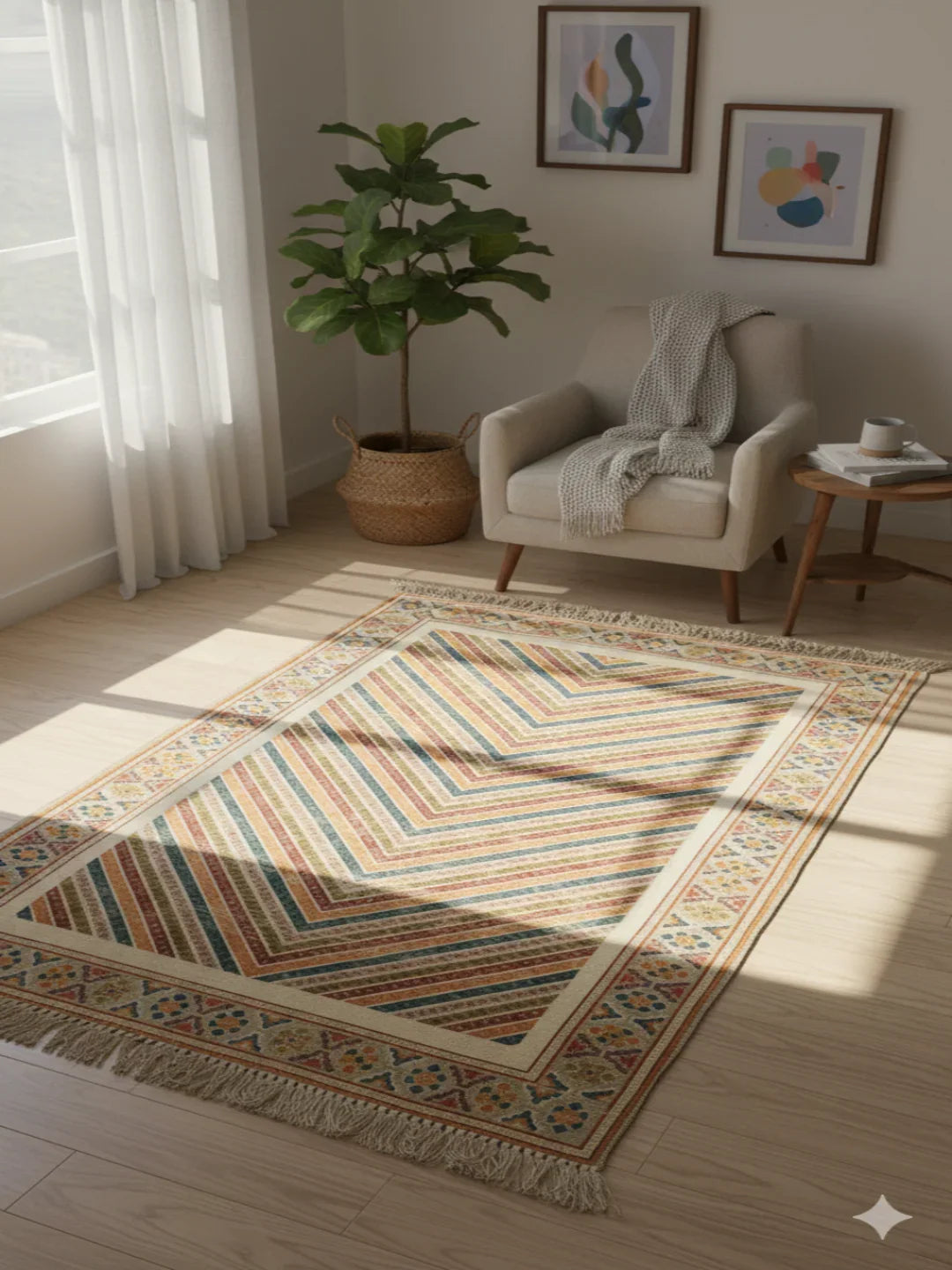 Multi Color Woven Digital Print with fringed edges Cotton Rug - SanskrutiHomes