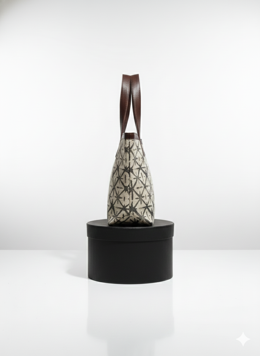Beige Geometric Print Tote Bag with Brown Handles for Women