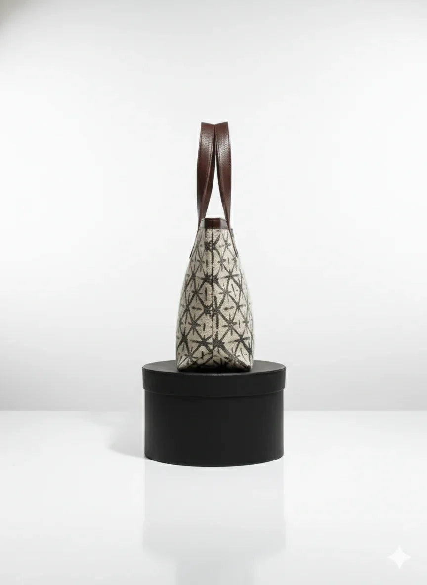 Beige Geometric Print Tote Bag with Brown Handles for Women - SanskrutiHomes
