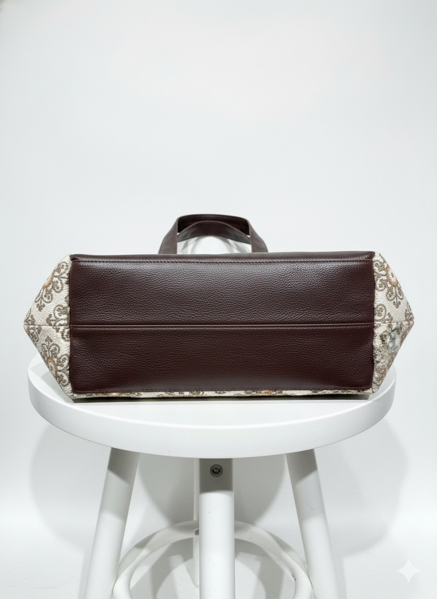 Beige Floral Print with Brown Handle Cotton Tote bag for Women