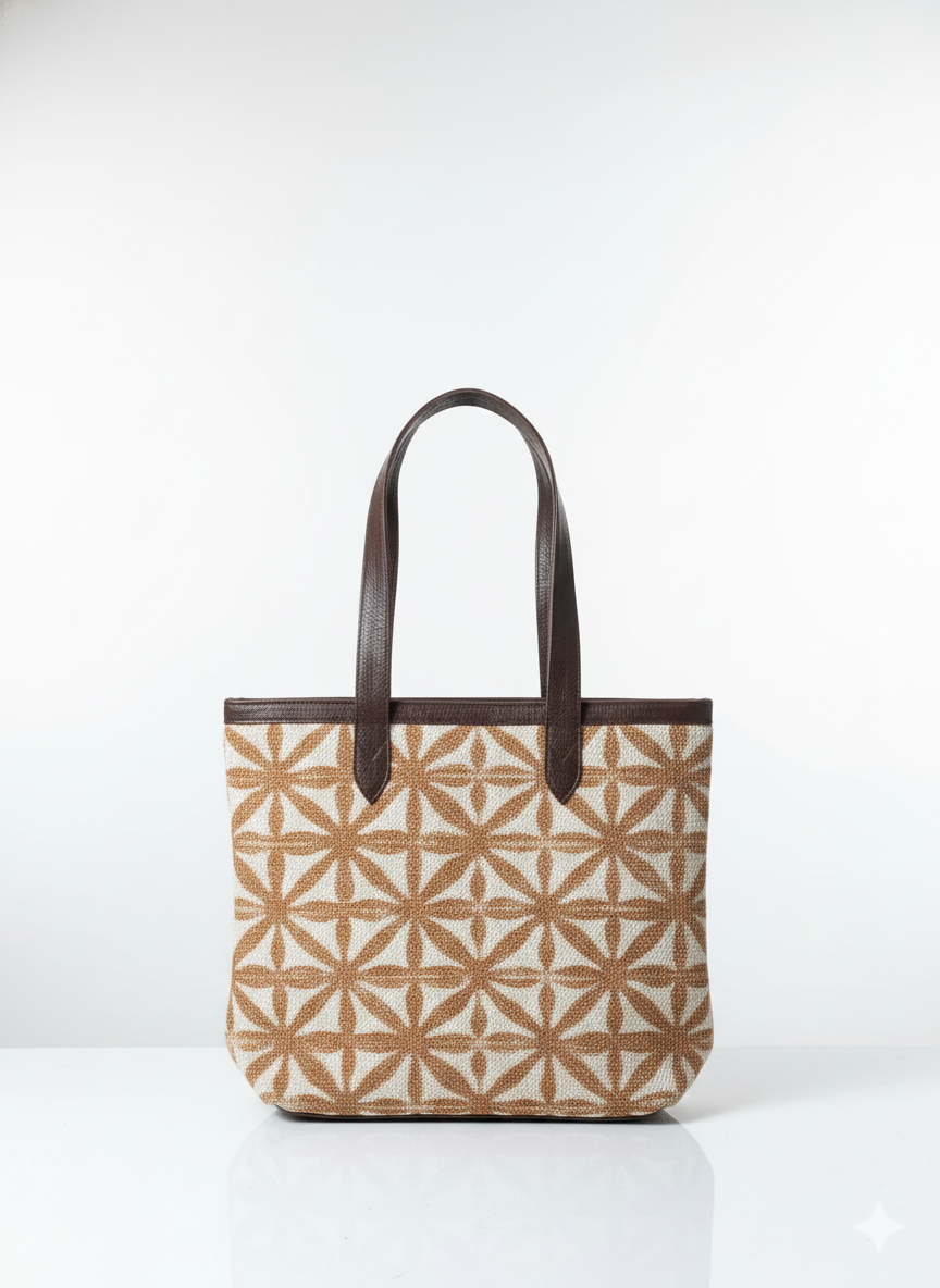 Brown Geometric Print Canvas Tote Bag with Brown Leatherette Handles for Women