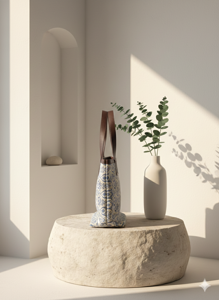 Grey Ethnic Print Cotton Tote Bag for Women