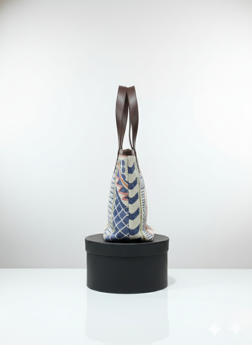 White Geometric Print Cotton Tote Bag with Brown Shoulder Straps for Women