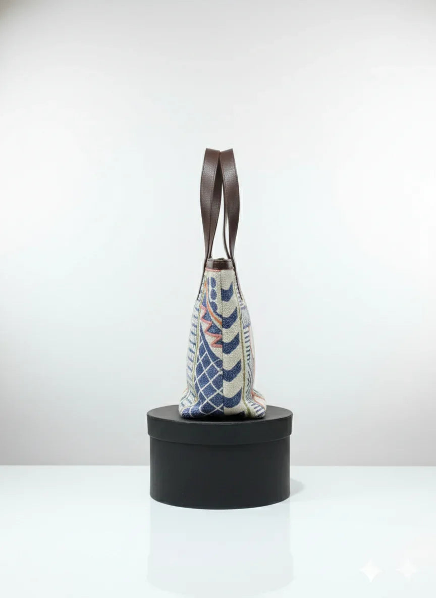 White Geometric Print Cotton Tote Bag with Brown Shoulder Straps for Women - SanskrutiHomes