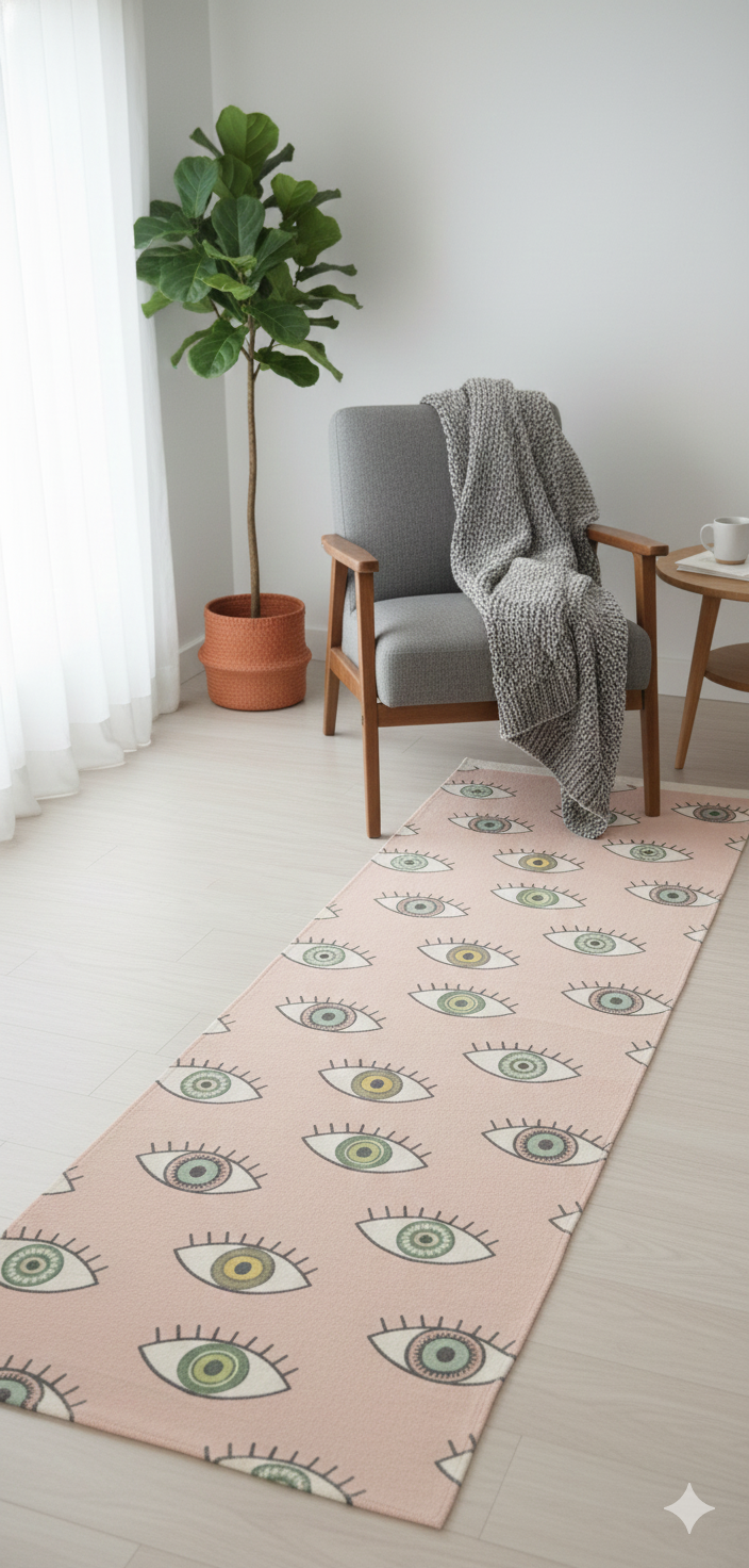 Peach Evil Eye Printed Cotton Runner Rug