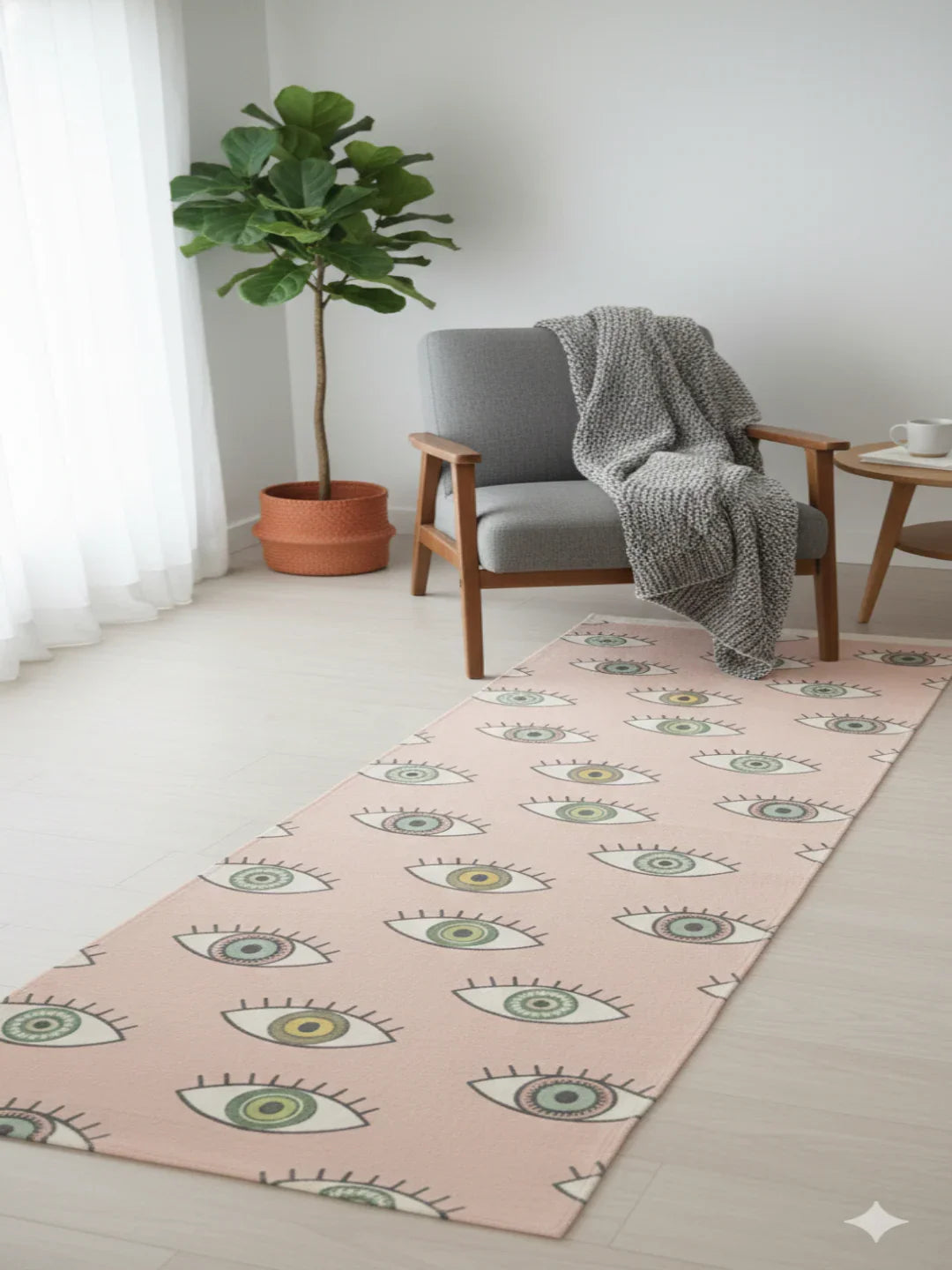 Peach Evil Eye Printed Cotton Runner Rug - SanskrutiHomes