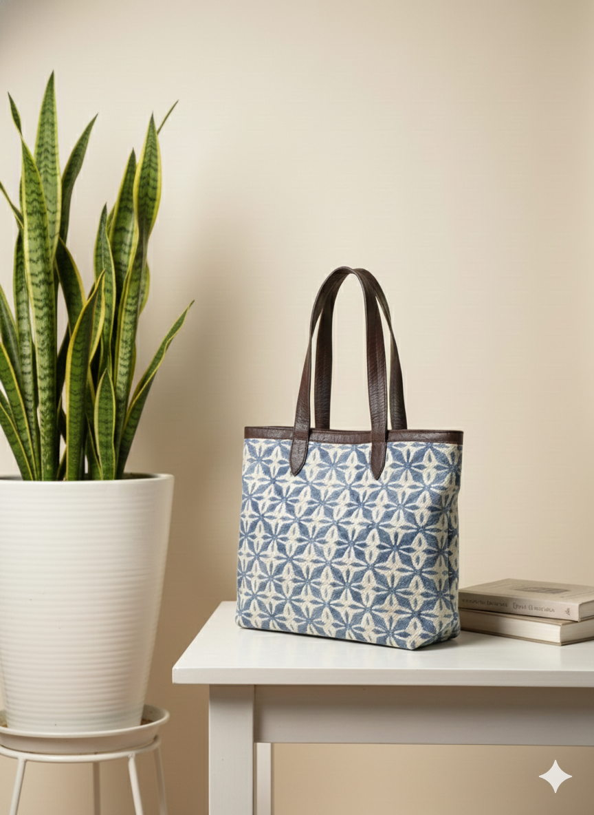 Blue Geometric floral Print Cotton Tote Bag for Women