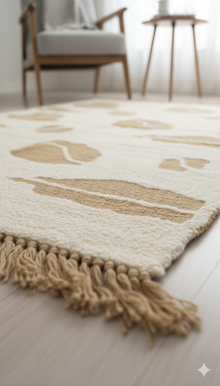 Beige Abstract Motif Woven Cotton Jute Rug with Fringed Edges