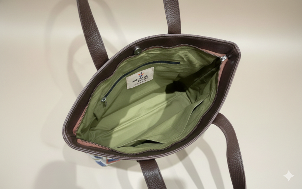 Sea Green Geometric print with Brown Shoulder Strap Tote Bag for Women