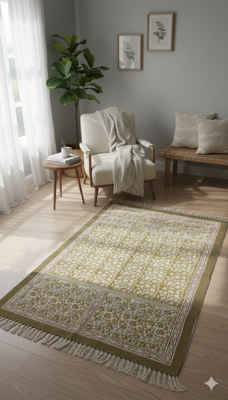 Beige Cotton Abstract Block Print fringed edges Rugs - SanskrutiHomes
