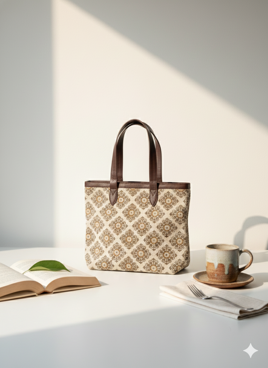 Beige Floral Print with Brown Handle Cotton Tote bag for Women