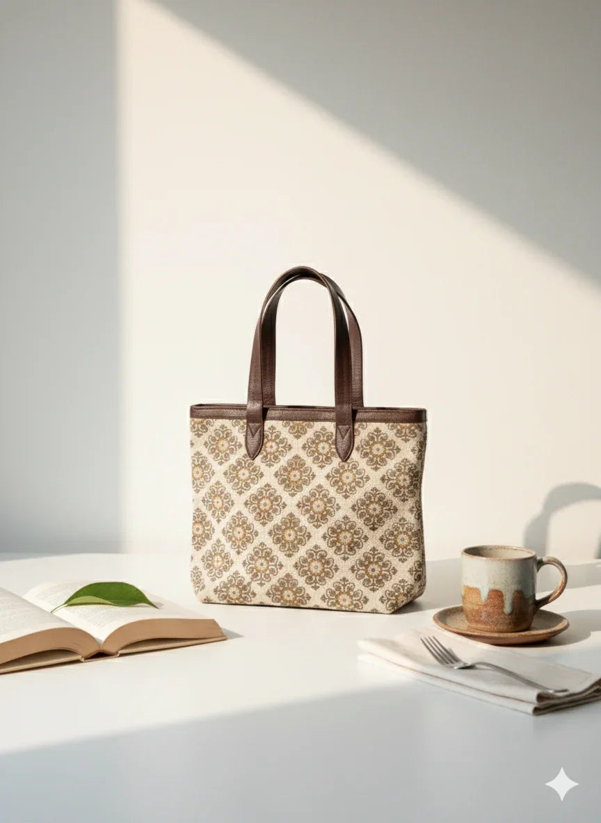 Beige Floral Print with Brown Handle Cotton Tote bag for Women - SanskrutiHomes
