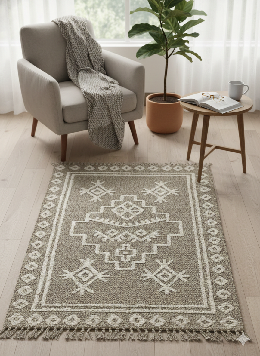 Grey Tribal Geometric Woven Cotton Jute Rug with Fringed Edges - SanskrutiHomes