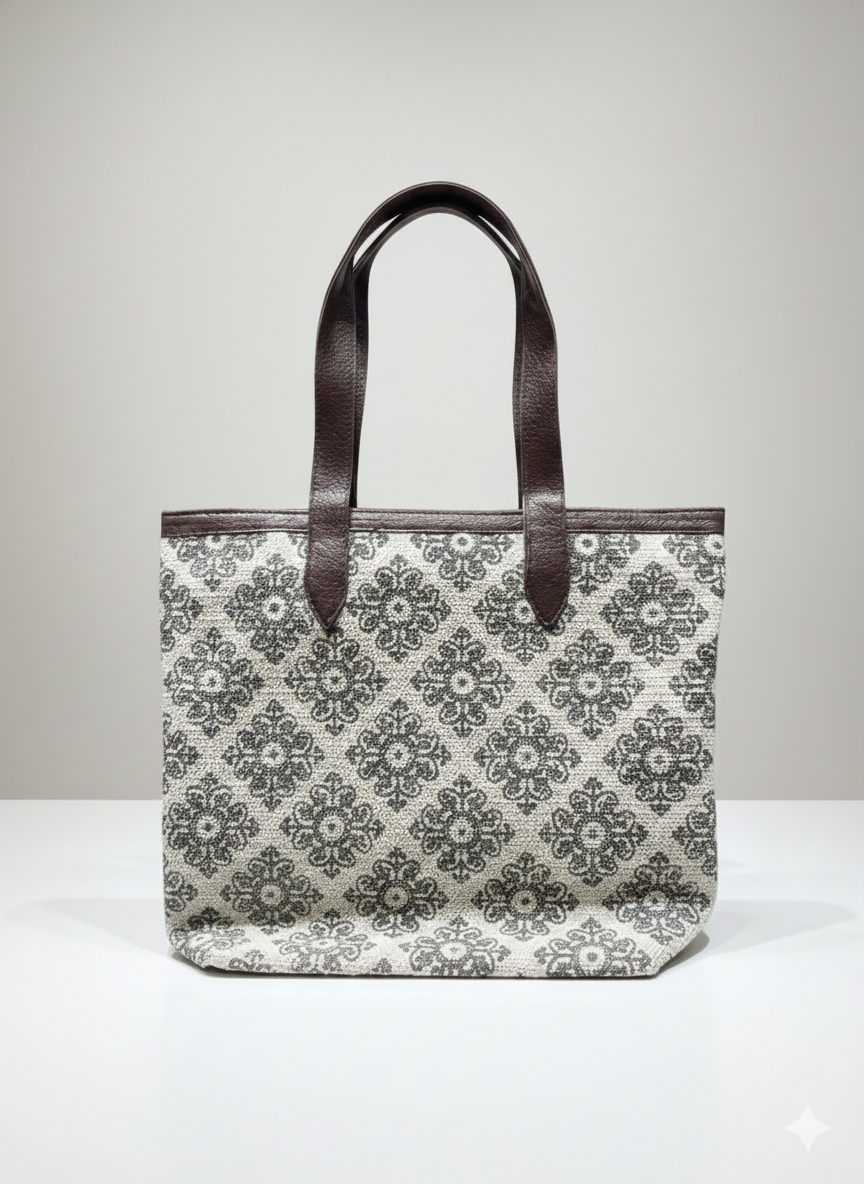 Beige Floral print Cotton Tote bag for Women