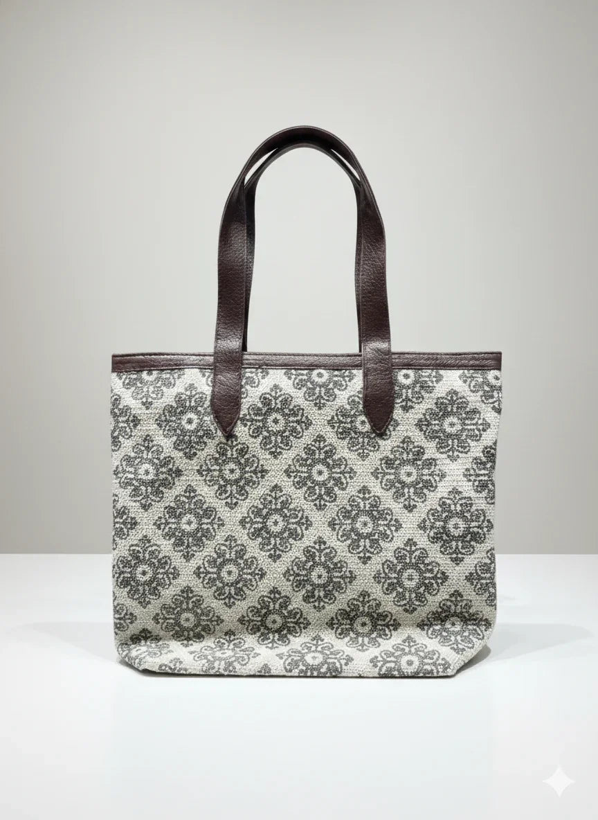 Beige Floral print Cotton Tote bag for Women - SanskrutiHomes