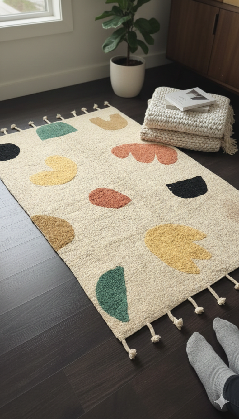 White Abstract Print Cotton Tufted Tassels Rug