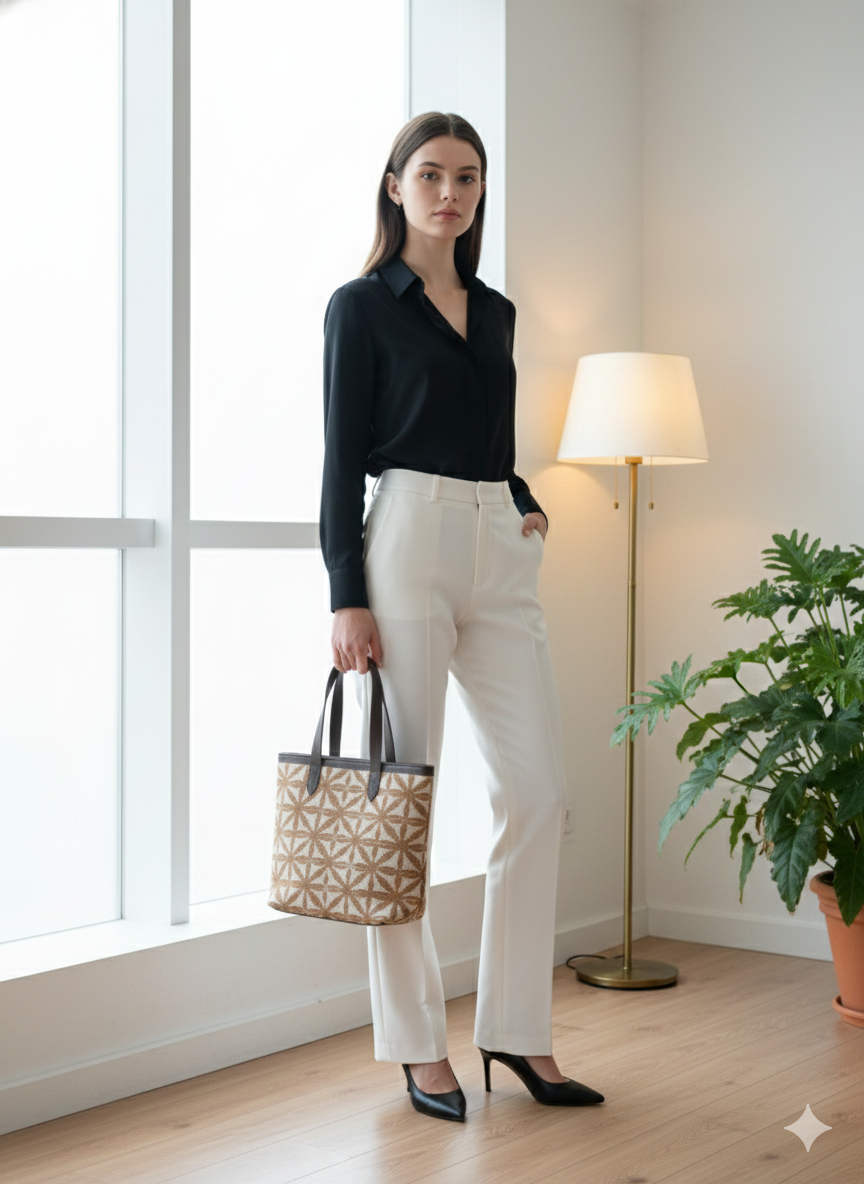 Brown Geometric Print Canvas Tote Bag with Brown Leatherette Handles for Women