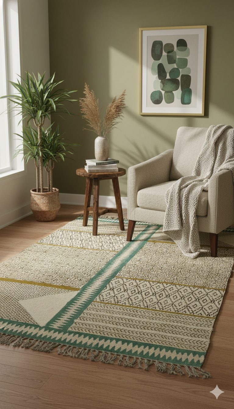 Beige Geometric Patchwork Polyester Woven with Fringed Edges Area Rug