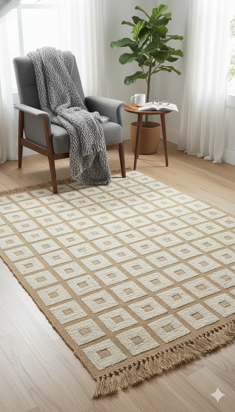 Beige Geometric Grid Woven Cotton Jute Rug with Fringed Edges