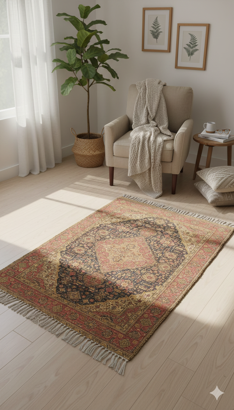 Rust Polyester Woven Digital Print with Tassels and fringed edges Rug