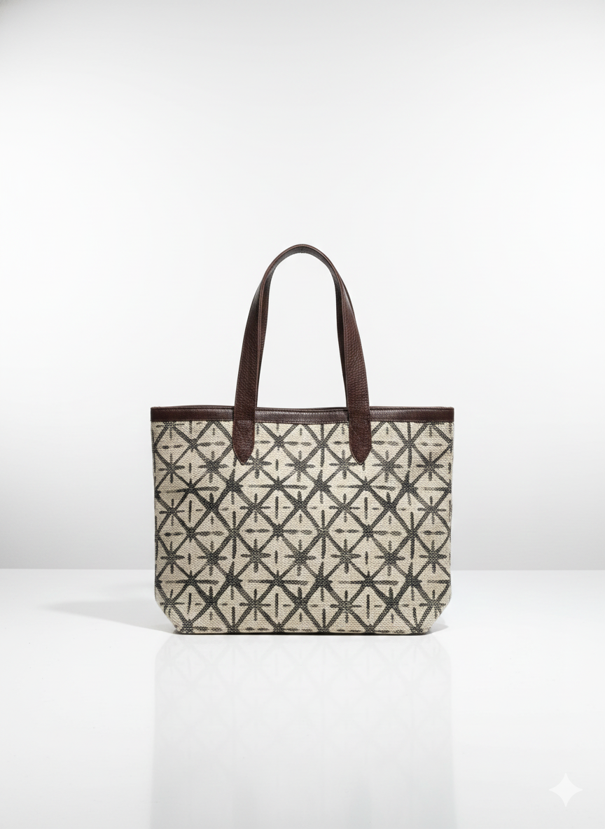 Beige Geometric Print Tote Bag with Brown Handles for Women