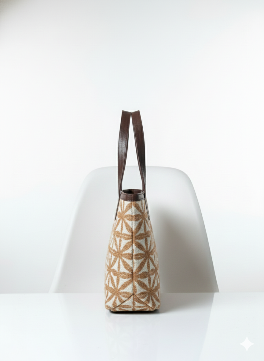 Brown Geometric Print Canvas Tote Bag with Brown Leatherette Handles for Women