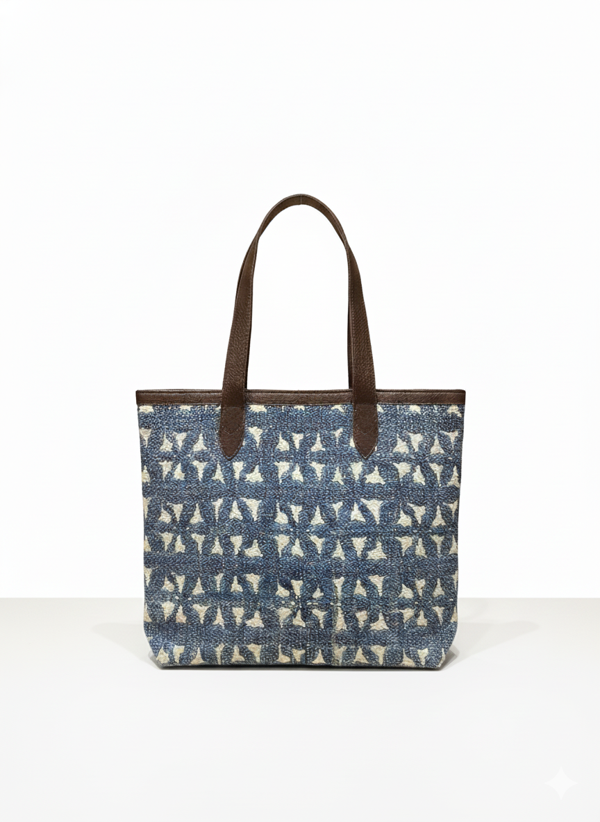 Navy Blue Ethnic Motif Print Cotton Tote Bag for Women