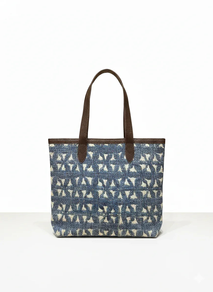 Navy Blue Ethnic Motif Print Cotton Tote Bag for Women - SanskrutiHomes
