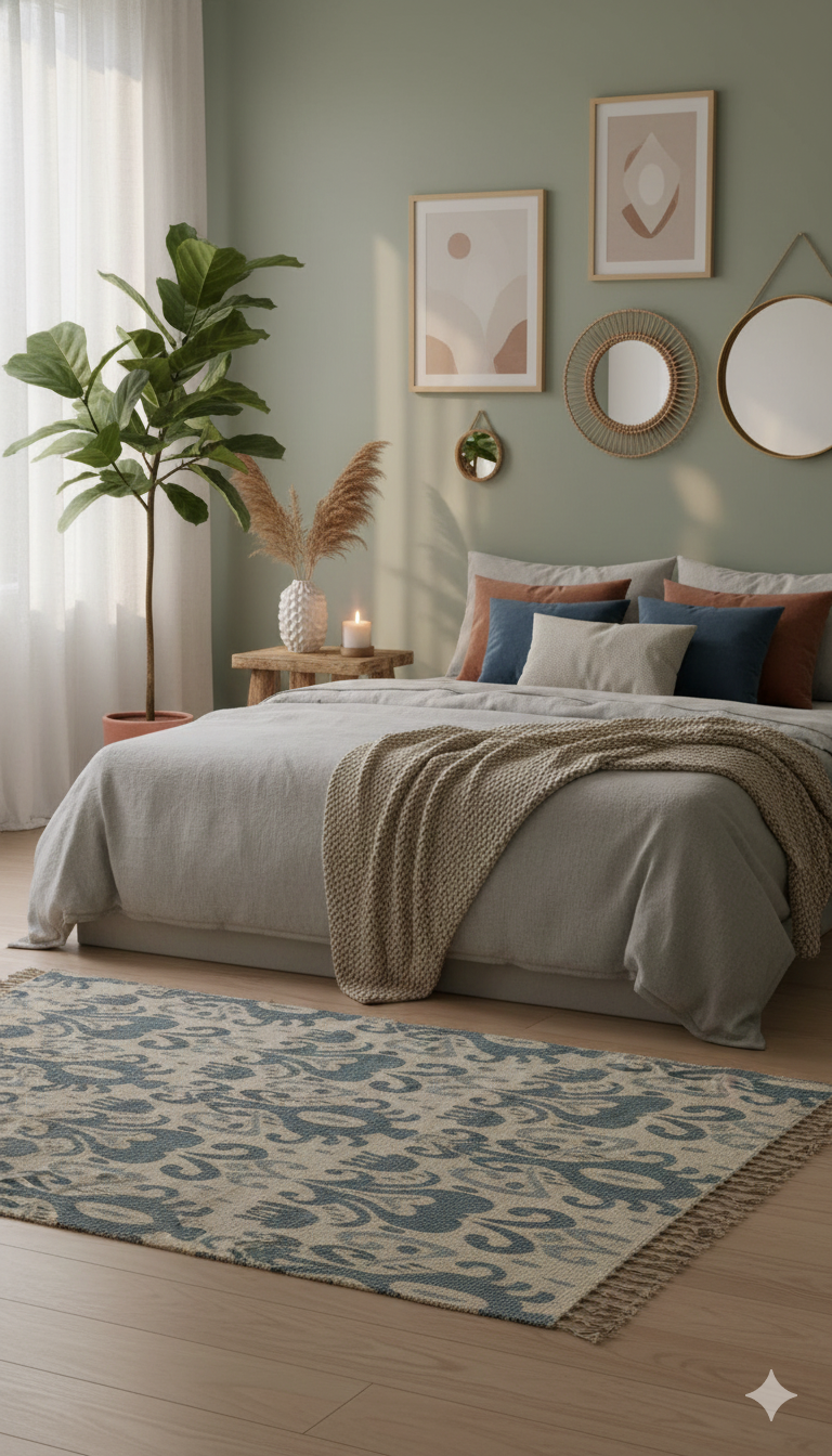 Off White & Slate Blue Geometric Cotton Woven Area with Fringed Edges Rug