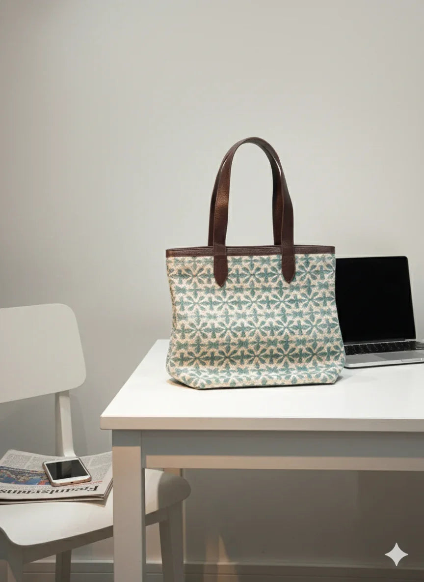 Sea Green Geometric print with Brown Shoulder Strap Tote Bag for Women - SanskrutiHomes