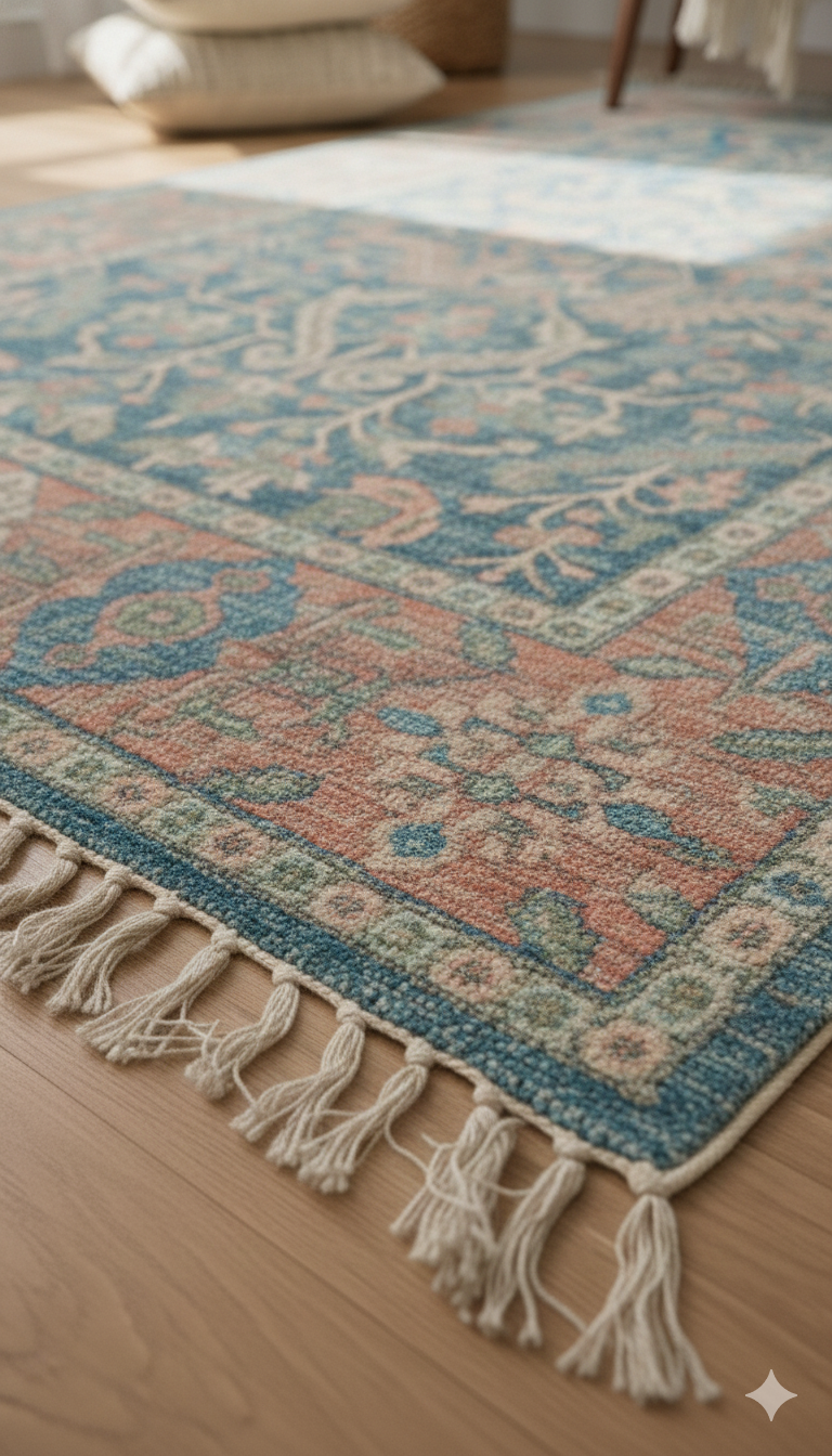 Teal Woven Digital Print Polyester fringed edges Rug