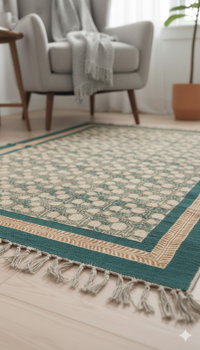 Sage Green Cotton Block print with Tassels and fringed edges Rug - SanskrutiHomes