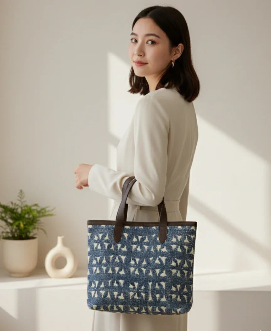 Navy Blue Ethnic Motif Print Cotton Tote Bag for Women - SanskrutiHomes